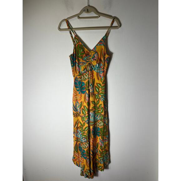 Japna Yellow and Teal Palm Spaghetti Strap Maxi Dress Sz S - Picture 1 of 4